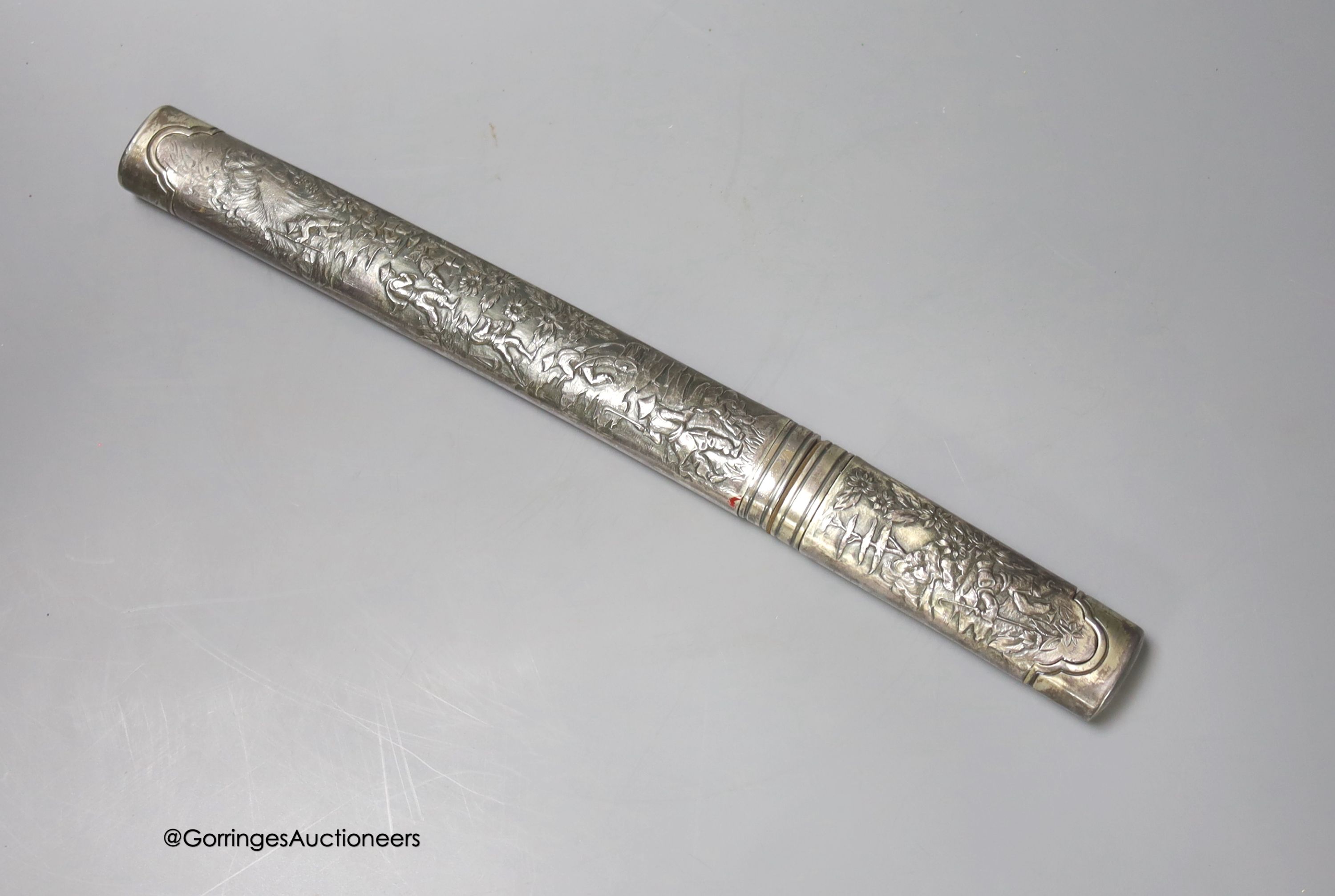 A Japanese short sword within embossed scabbard, blade 19cm